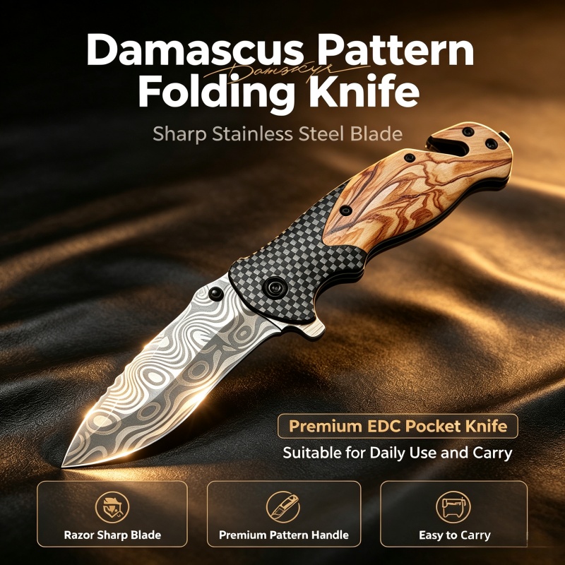 Edc Concealed Carry Knife - Składany nóż ze wzorem damasceńskim, ostry